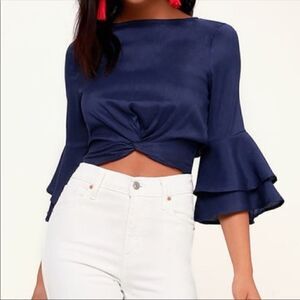 Lulus Auben Navy Blue Knotted Bell Sleeve Crop Top